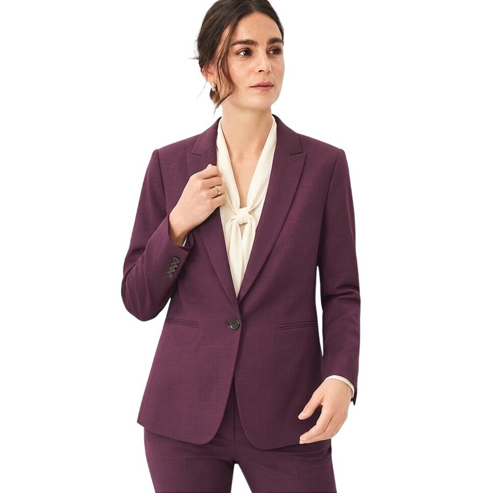 Ann Taylor The Long Single Button Blazer Women 16 Plum Burgundy Wool Blend EUC